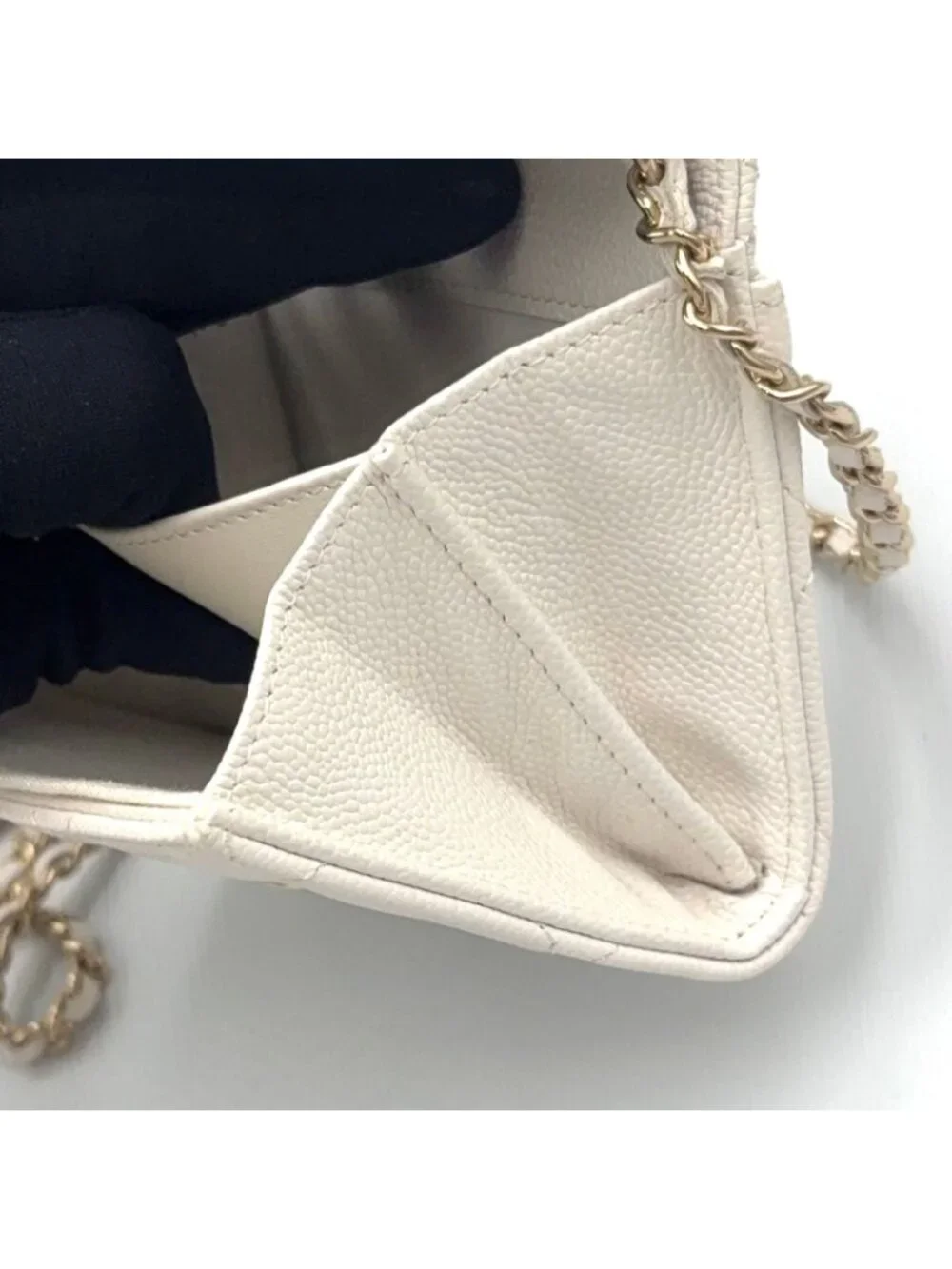 Chanel Quilted Mini Chain Random Caviar Leather White Wallet Gold